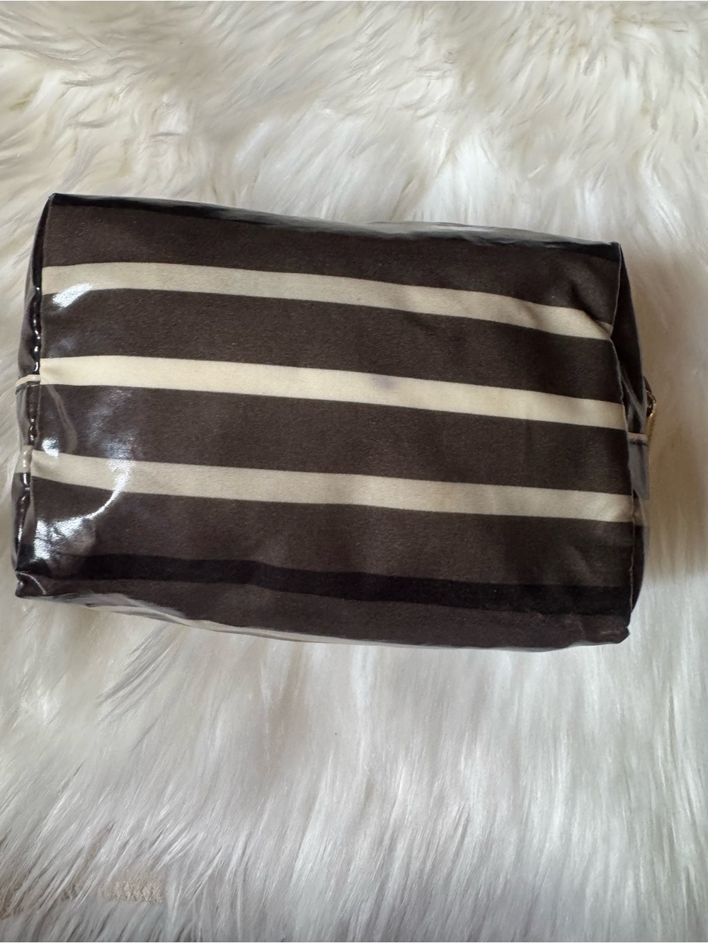 Tory Burch Brown and Cream Striped Cosmetic Pouch with Logo Medallion - Picture 7 of 10